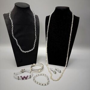 Clear Crystal Jewelry Lot 6pc Necklaces Bracelets Earrings READ